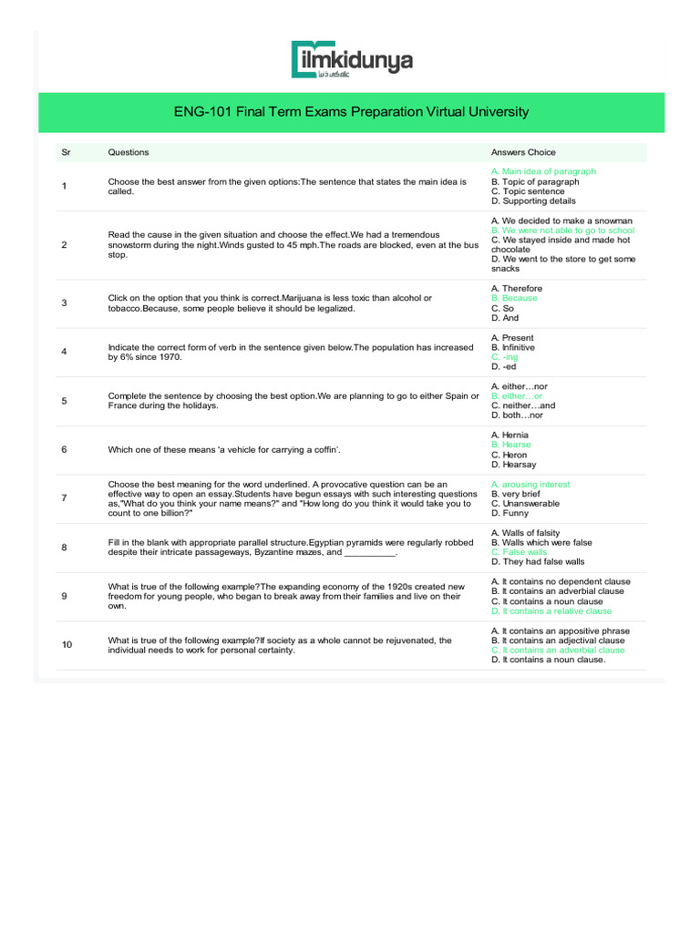 ENG-101 Exam Prep: Question Guide | PDF | Syntax | Grammar