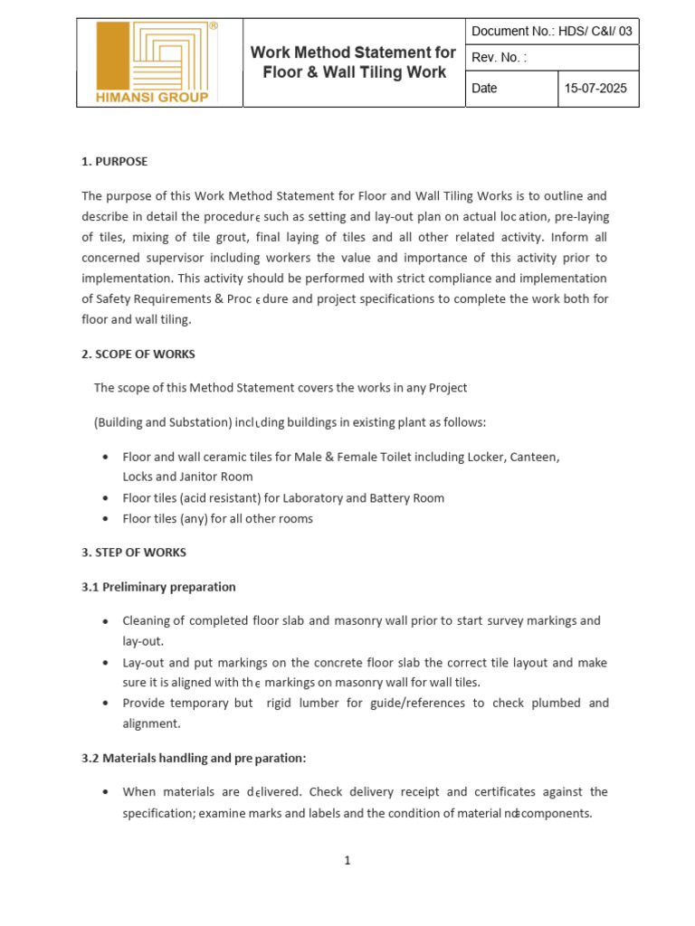 Tiling Work Method Statement | PDF | Tile | Flooring