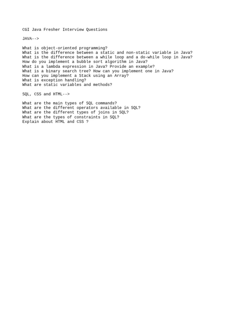 CGI Java Interview Questions for Freshers | PDF