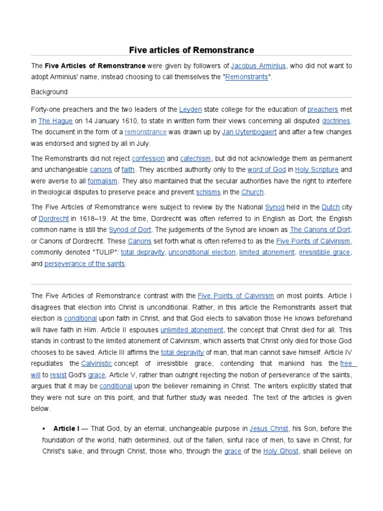 Five Articles of Remonstrance Explained | PDF | Religious Faiths ...