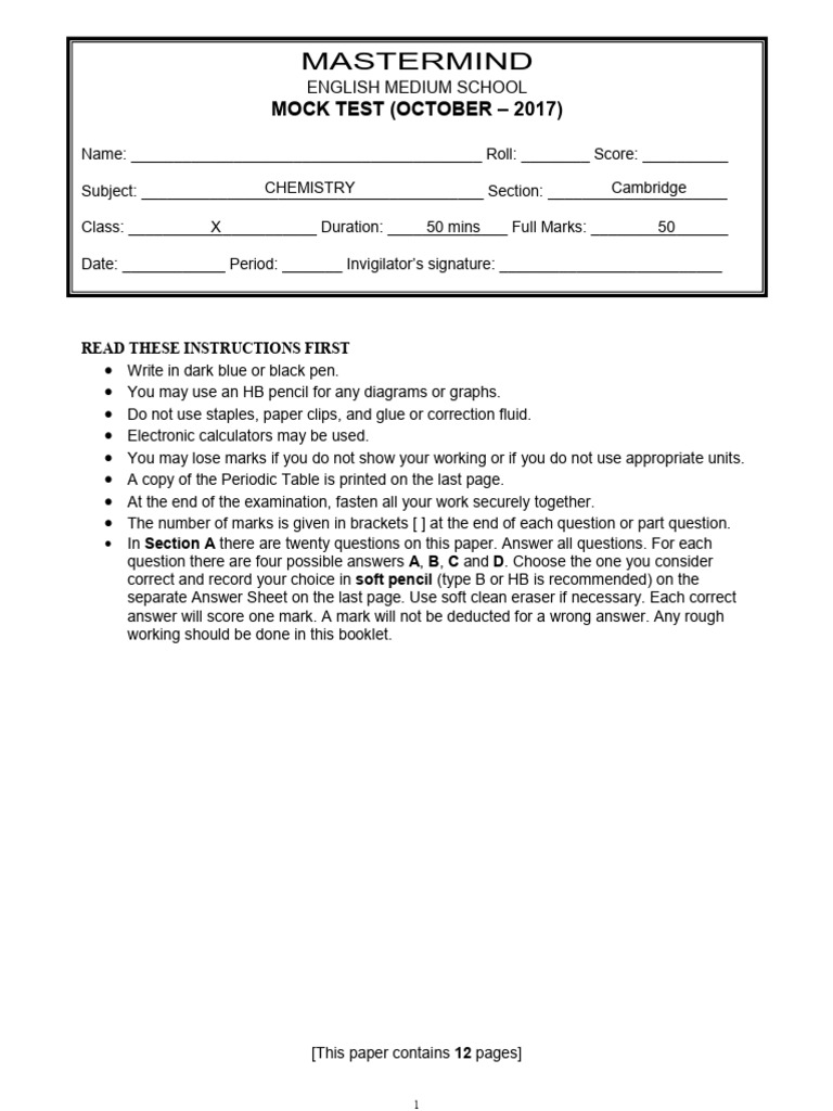 Chemistry Mock Test Instructions | PDF