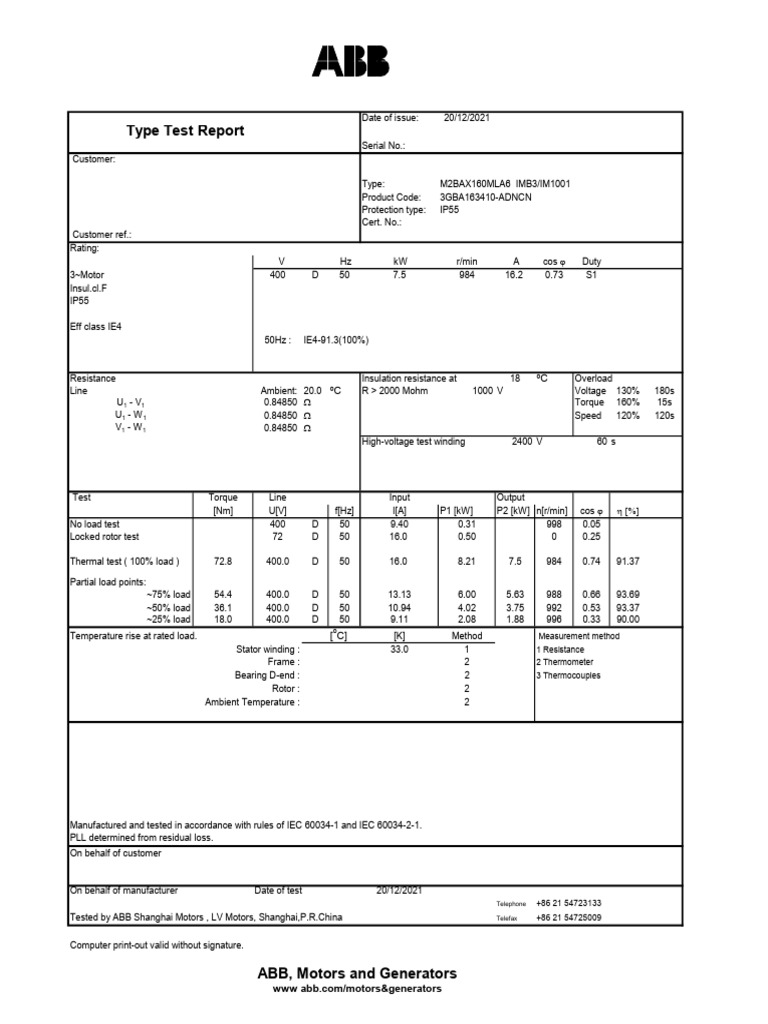 M2BAX160MLA6 Motor Test Report | PDF | Electric Motor | Electricity