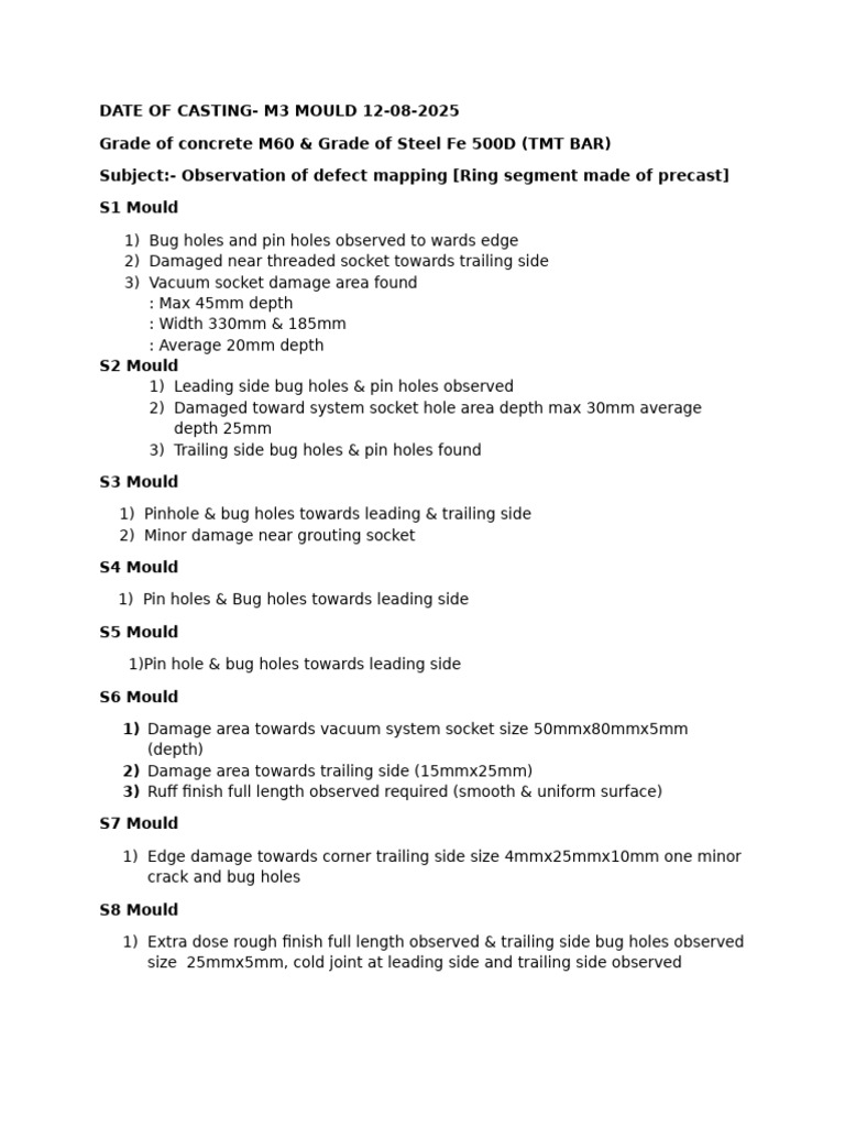 m3-s1 To s8 Date of Casting 12-08-2025 Defect Mapping | PDF