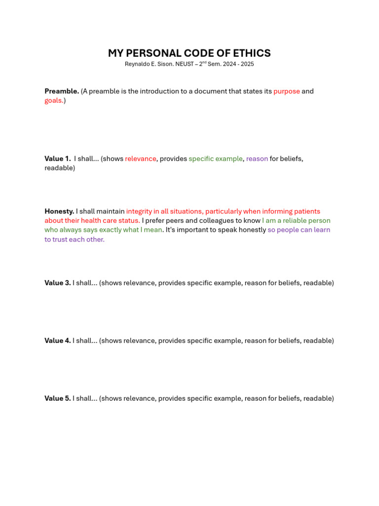 My Personal Code of Ethics-Term Project | PDF | Integrity | Virtue