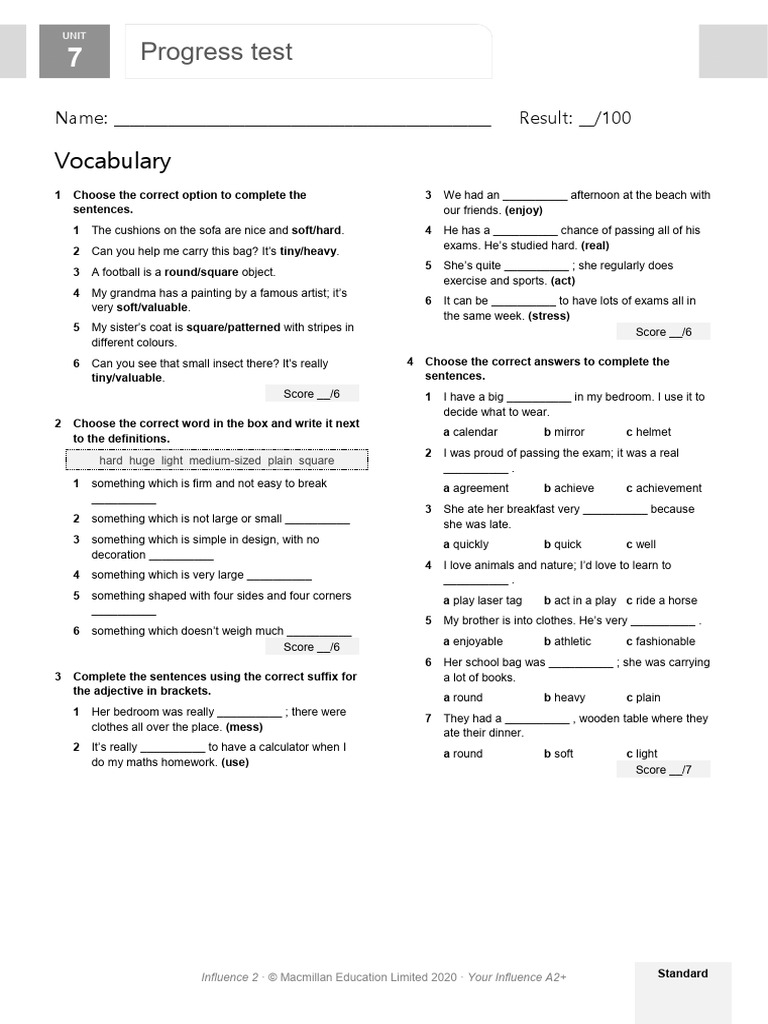 A2+ Progress Test: Vocabulary & Grammar | PDF | Linguistics
