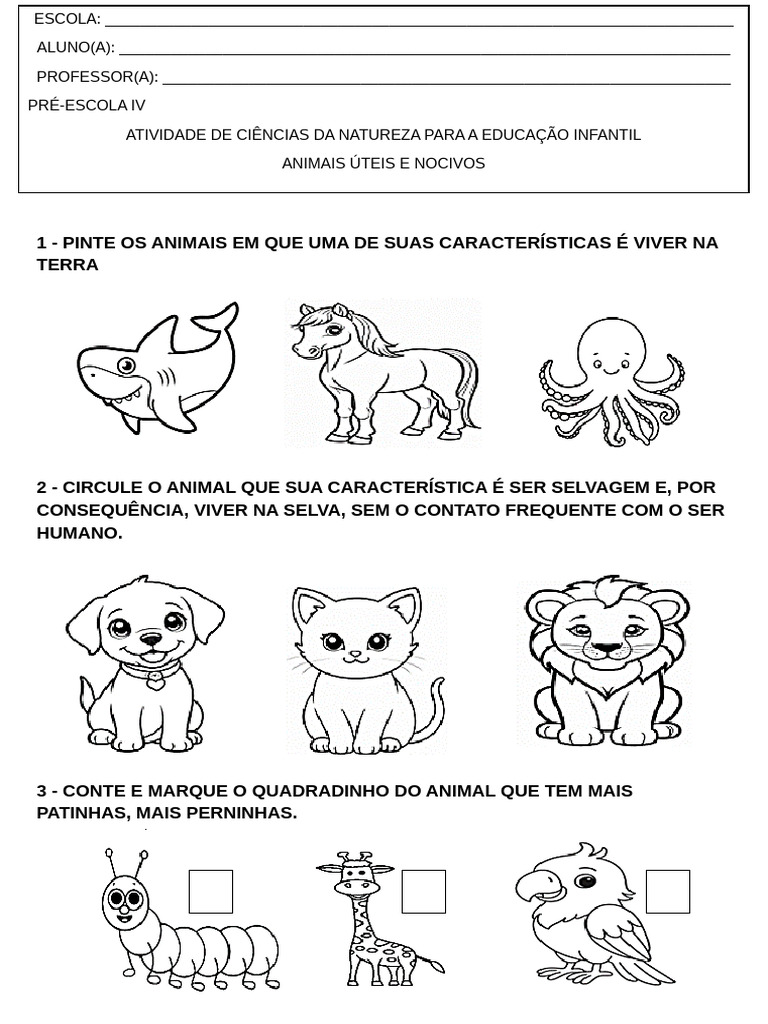 Atividades sobre Animais Úteis e Nocivos | PDF