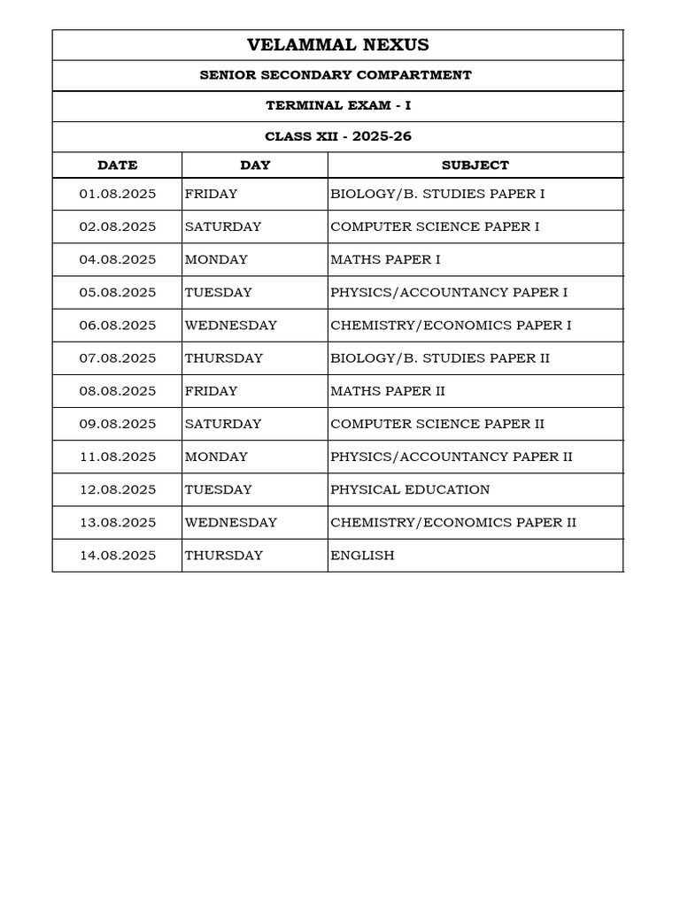 Class XII Terminal Exam Schedule 2025-26 | PDF | Electricity ...