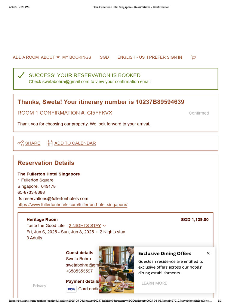 Fullerton Hotel Booking Confirmation | PDF | Fee | Services (Economics)