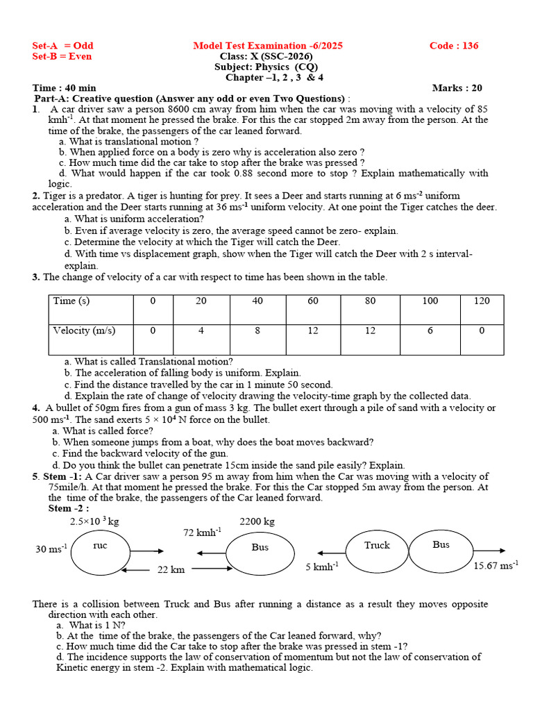Physics Exam Paper for Class X SSC 2026 | PDF | Velocity | Acceleration