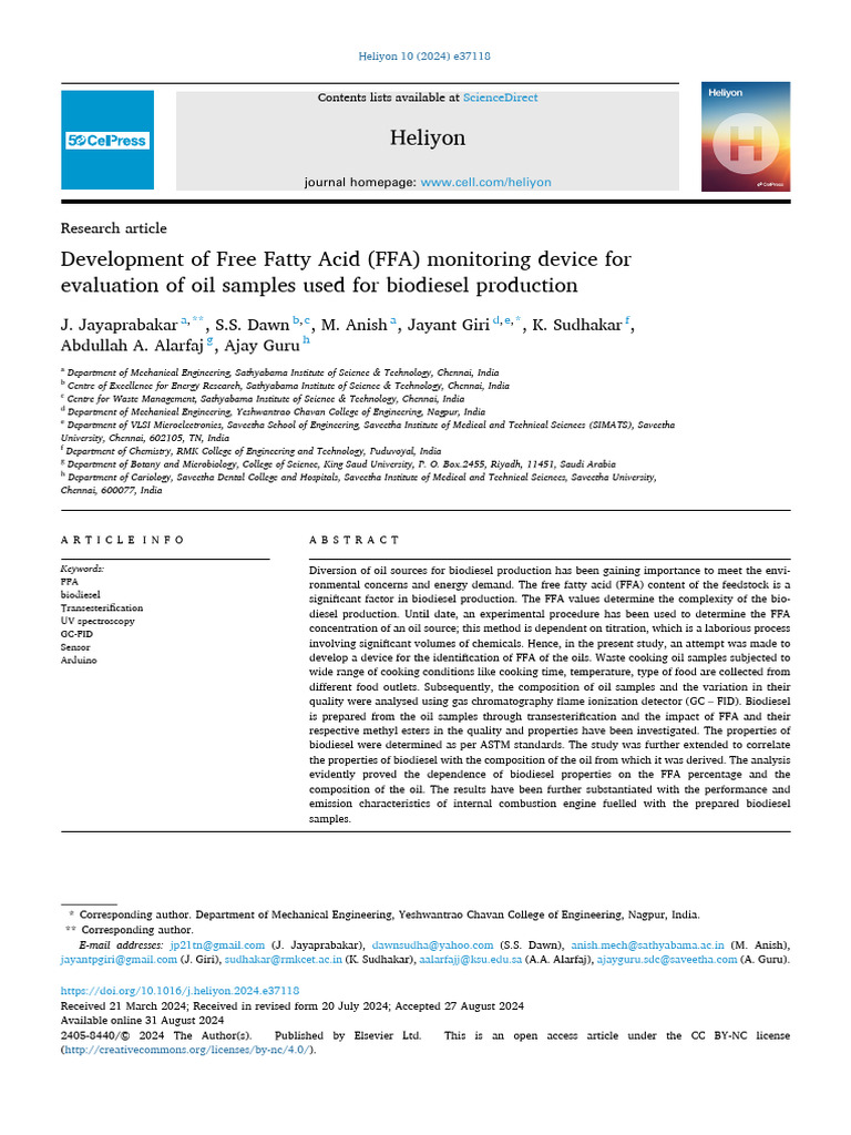 FFA Monitoring Device for Biodiesel Production | PDF | Biofuel | Biodiesel