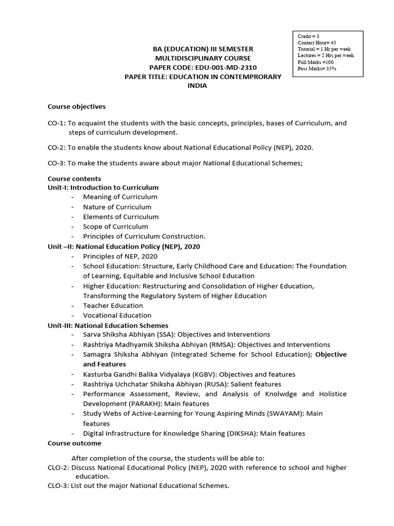 BA 3rd Semester Education Syllabus | PDF | Curriculum | Learning