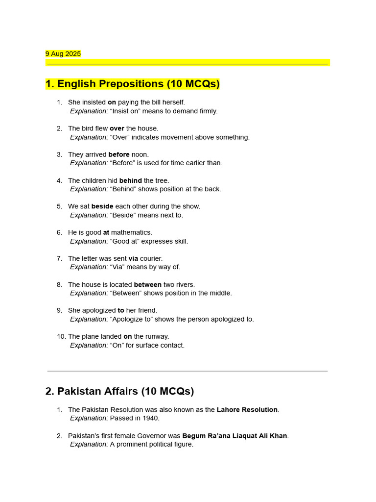MCQs on English and Pakistan Affairs | PDF | Flood | Climate Resilience