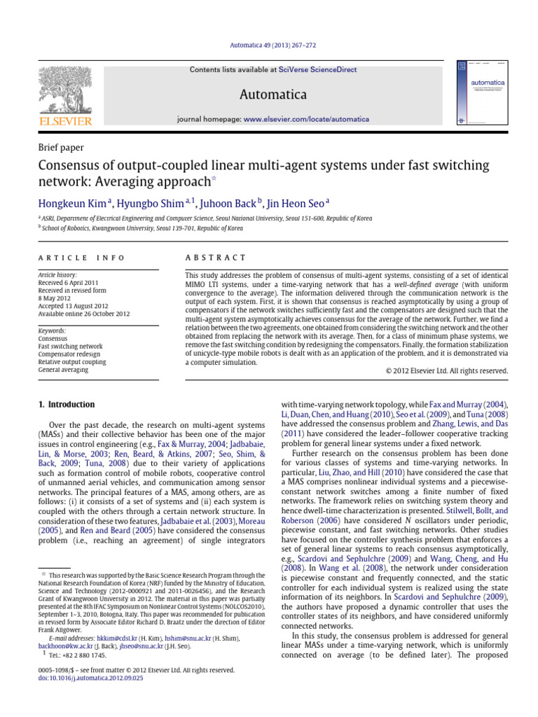 Auto - 2013 - Consensus of Output-Coupled Linear Multi-Agent Systems ...