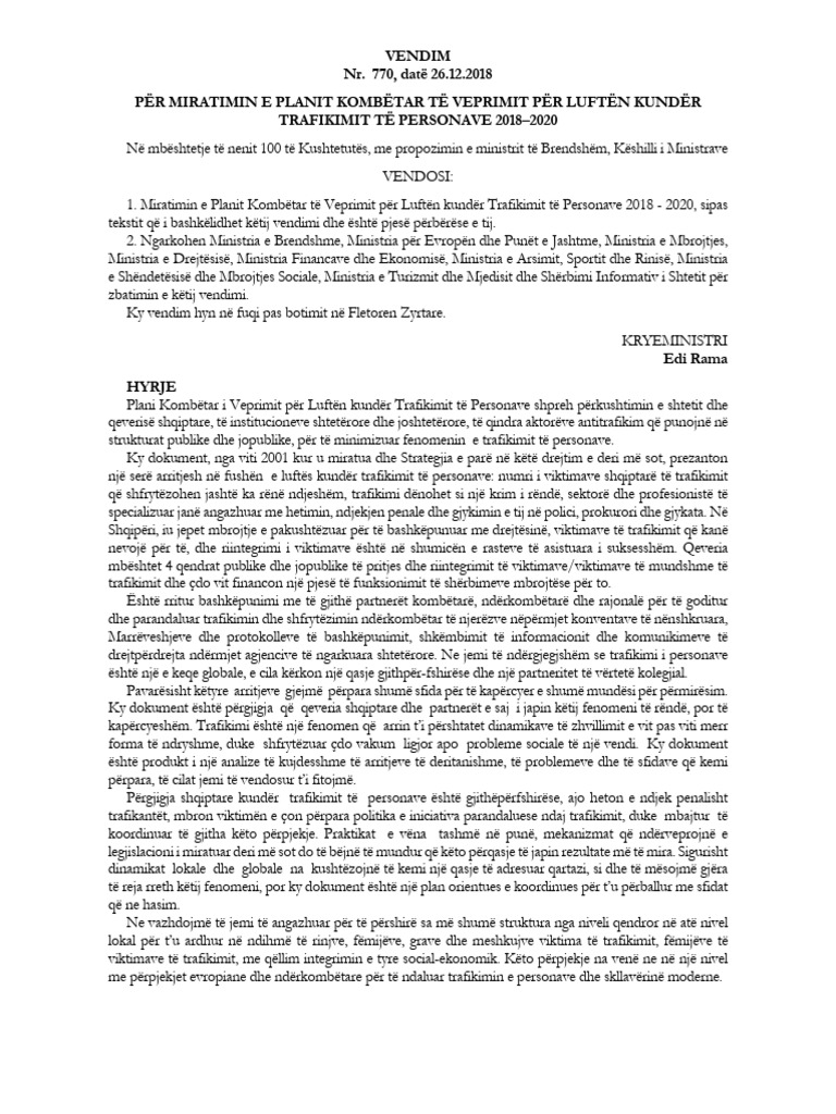 VKM Nr. 770 Date 26.12.2018 Plani Kombetar I Veprimit 2018 2020 1 1 | PDF