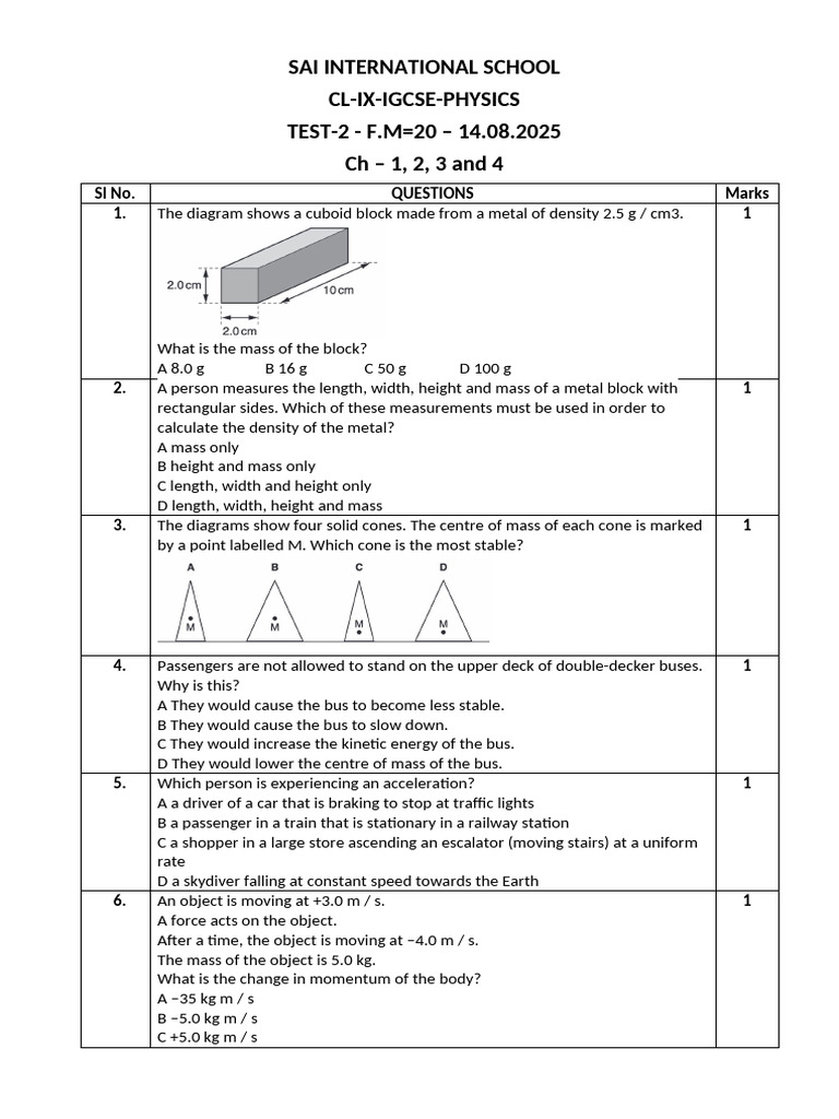 Igcse Physics Test 2 CL Ix QP 2025 26 | PDF | Force | Acceleration