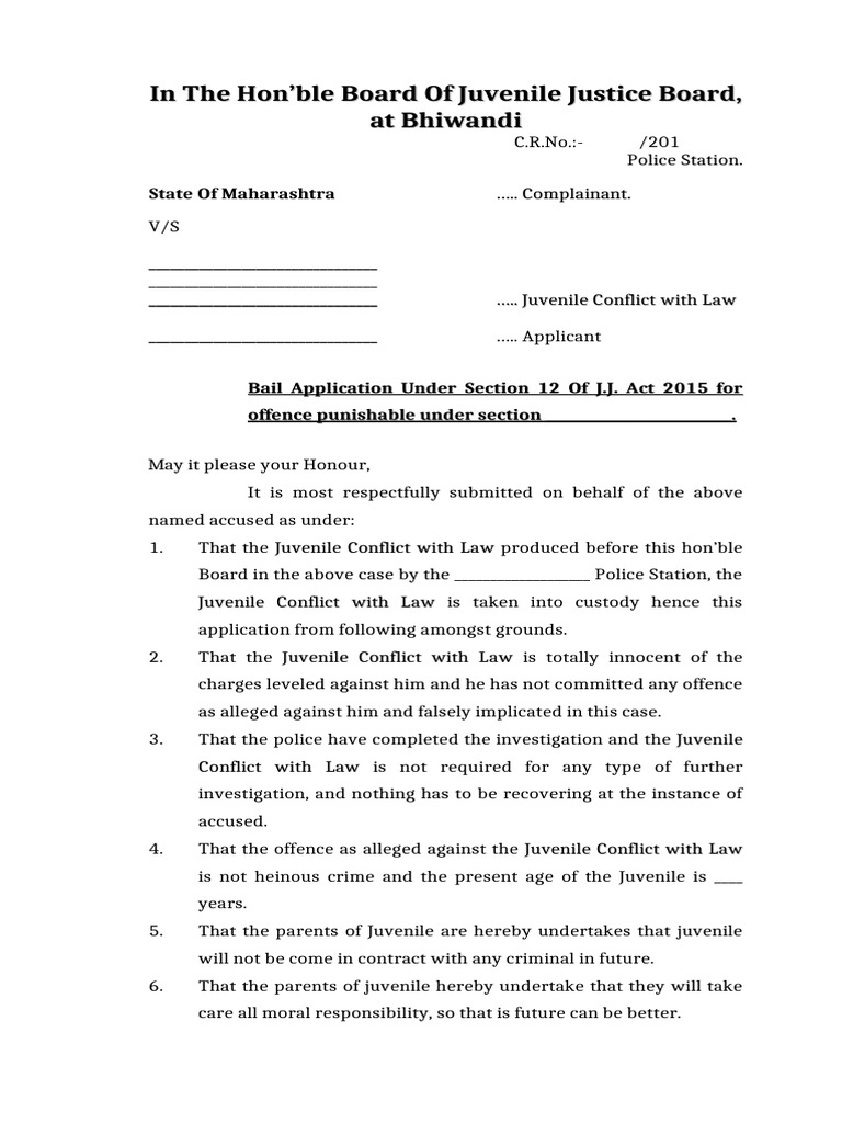 Juvenile Bail Application Format | PDF | Bail | Minor (Law)