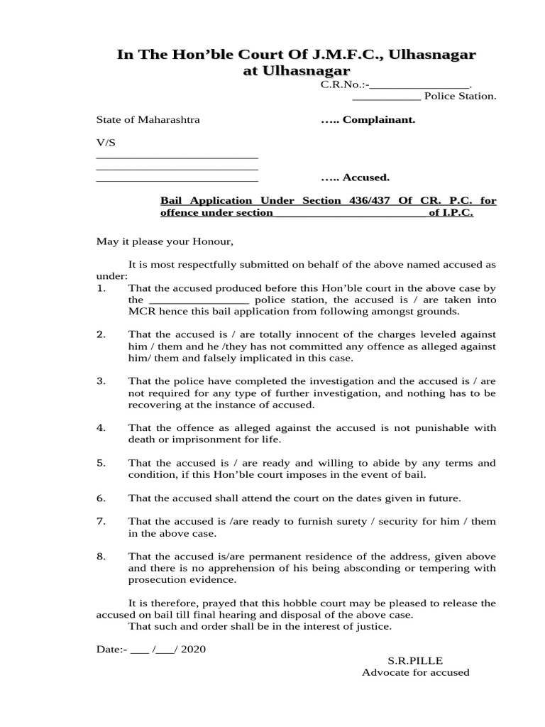 Bail Application Format under Section 436 | PDF
