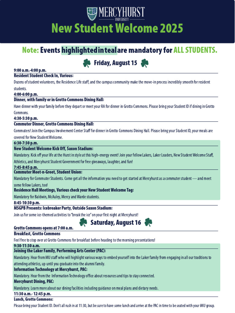 Mercyhurst New Student Welcome 2025 | PDF | Dinner