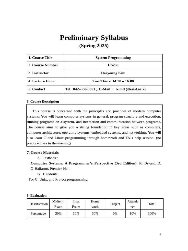 CS230 System Programming Syllabus 2025 | PDF