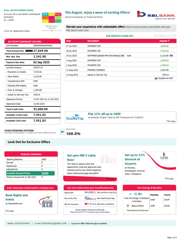 Ritesh RBL CC Statementy of August 2025 | PDF | Credit Card | Payments