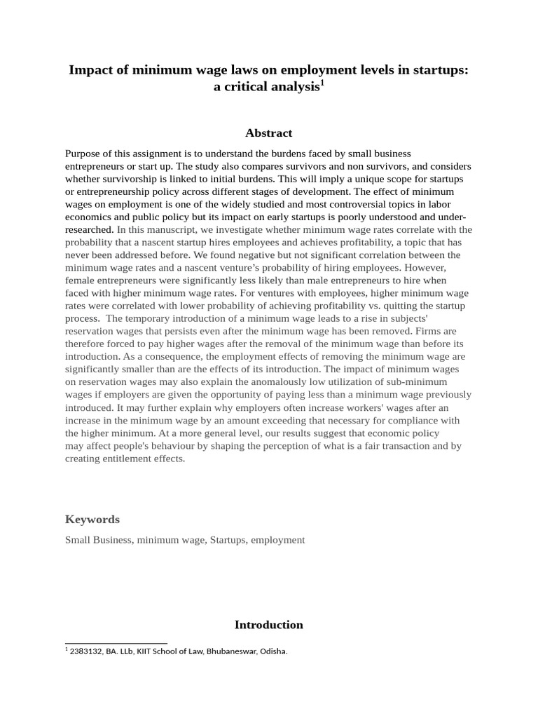 Minimum Wage Effects on Startup Employment | PDF | Minimum Wage ...