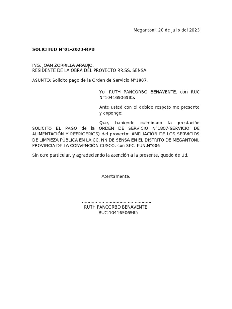 Solicitud de Pago Orden Servicio N°1807 | PDF