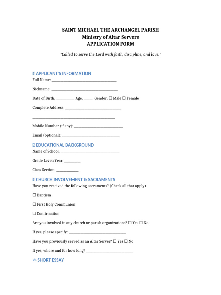 Altar Server Ministry Application Form | PDF