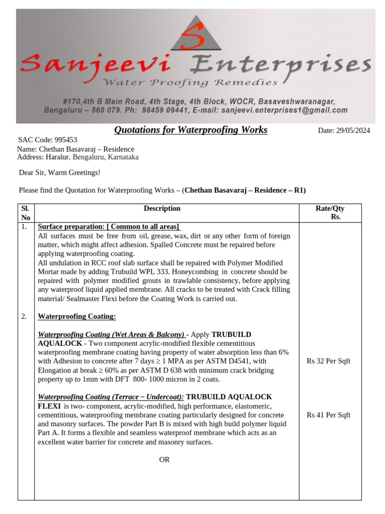 Waterproofing Quotation for Chethan's Residence | PDF | Concrete | Coating