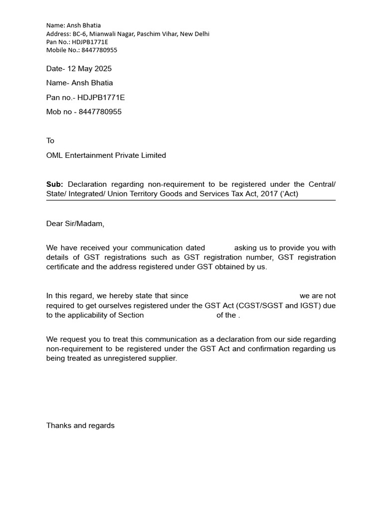 GST Non-Registration Declaration Letter | PDF