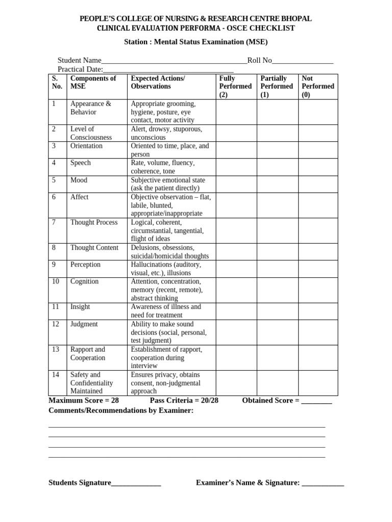 MSE Checklist for Clinical Evaluation | PDF | Thought | Behavioural ...
