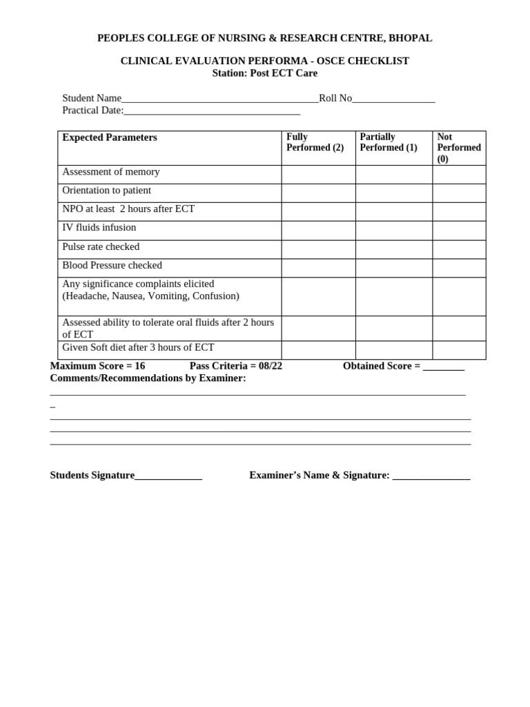ECT Care Checklist for Nursing Evaluation | PDF