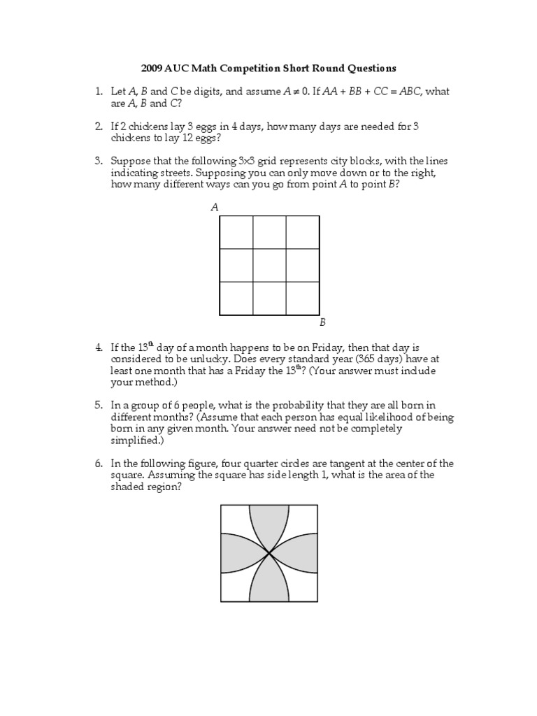 2009 AUC Math Competition Questions | PDF | Teaching Mathematics ...