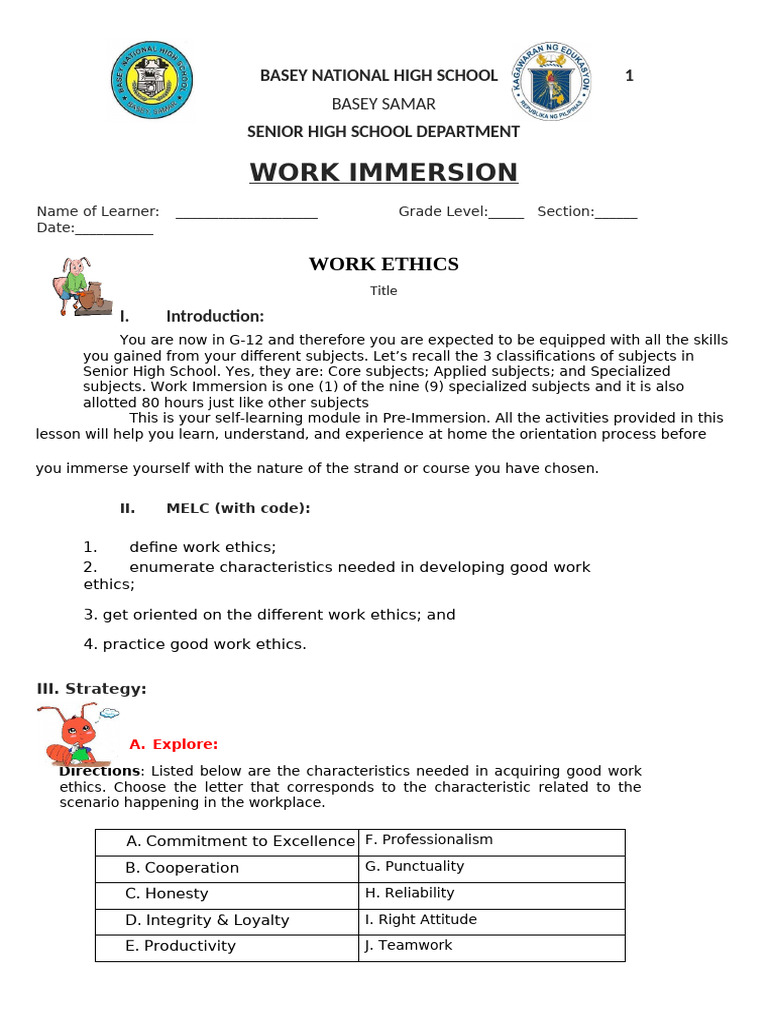 Work Ethics Guide for Senior High Students | PDF