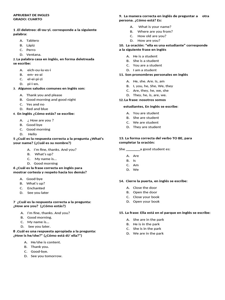 Apruebat de Inglés para Cuarto Grado | PDF