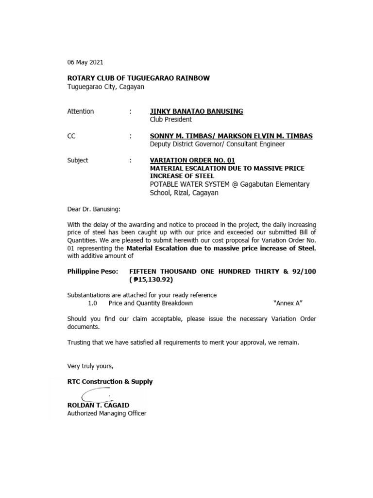 Variation Order for Gagabutan Project | PDF