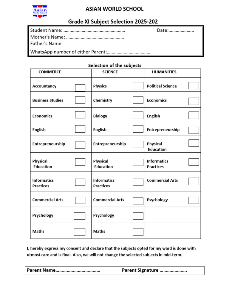 Grade XI Subject Selection Form 2025-2026 | PDF