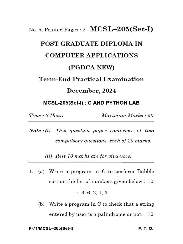 MCSL-205 C and Python Lab Exam 2024 | PDF