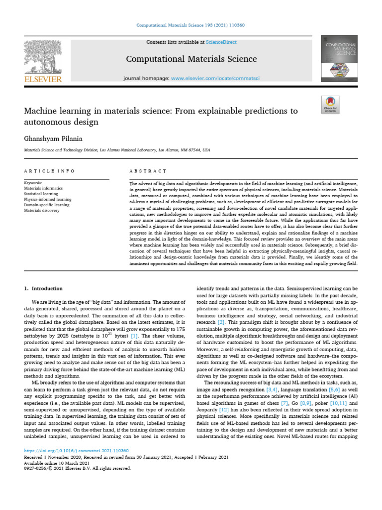 Machine Learning in Materials Science | PDF | Machine Learning ...