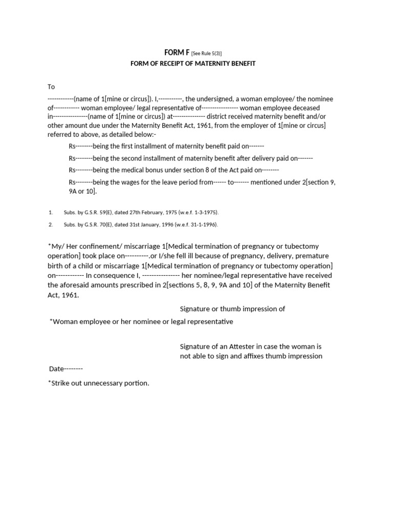 Maternity Benefit Receipt Form F | PDF