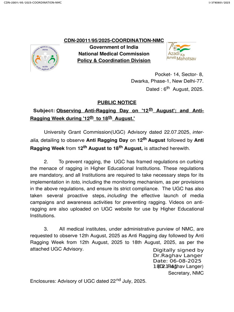 Anti-Ragging Day and Week 2025 Notice | PDF