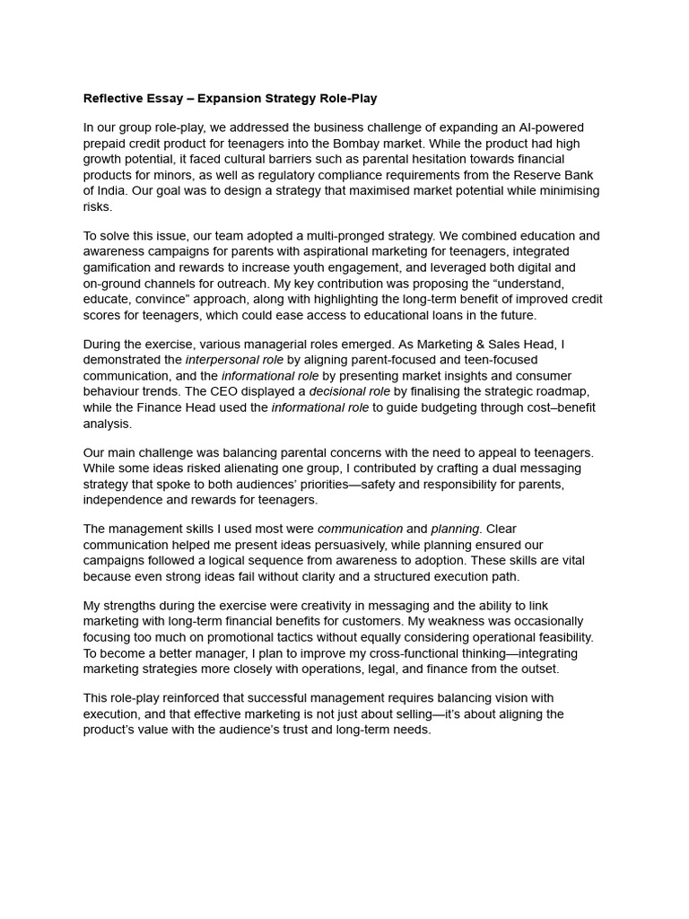 Reflective Essay - Expansion Strategy Role-Play | PDF | Adolescence ...