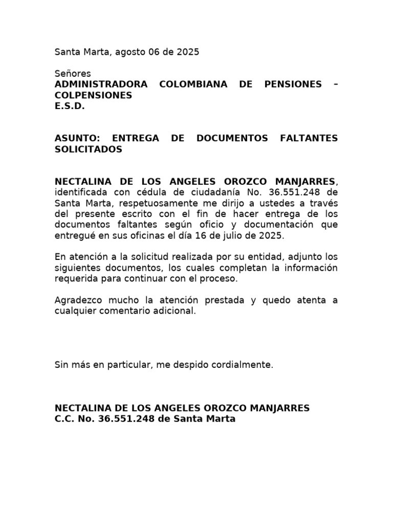 Entrega de Documentos Faltantes Solicitados | PDF
