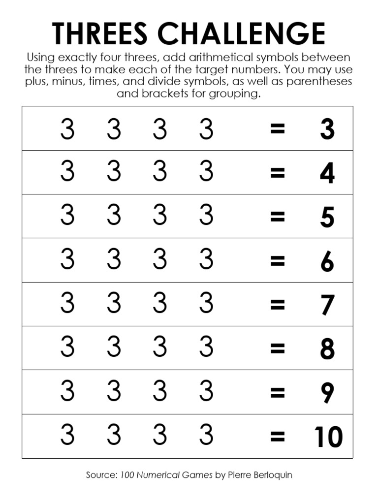 Threes Challenge: Target Numbers 3-10 | PDF