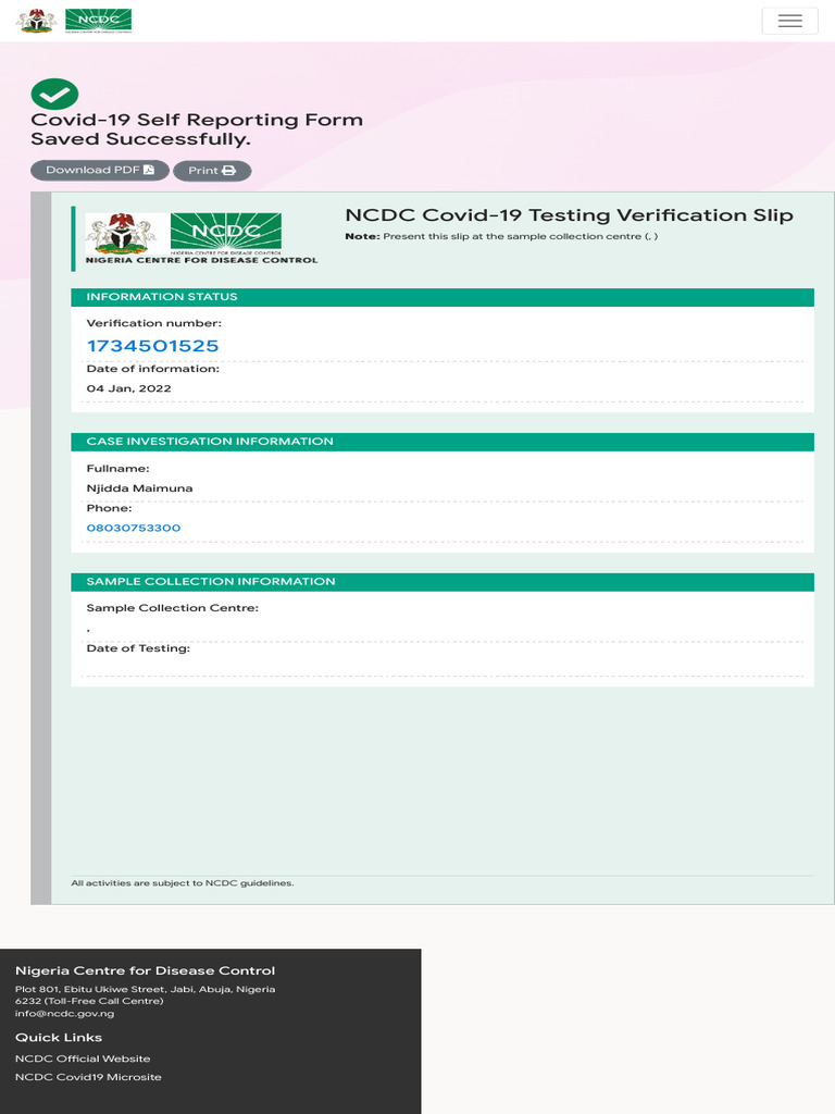 NCDC Covid-19 Testing Verification Slip | PDF