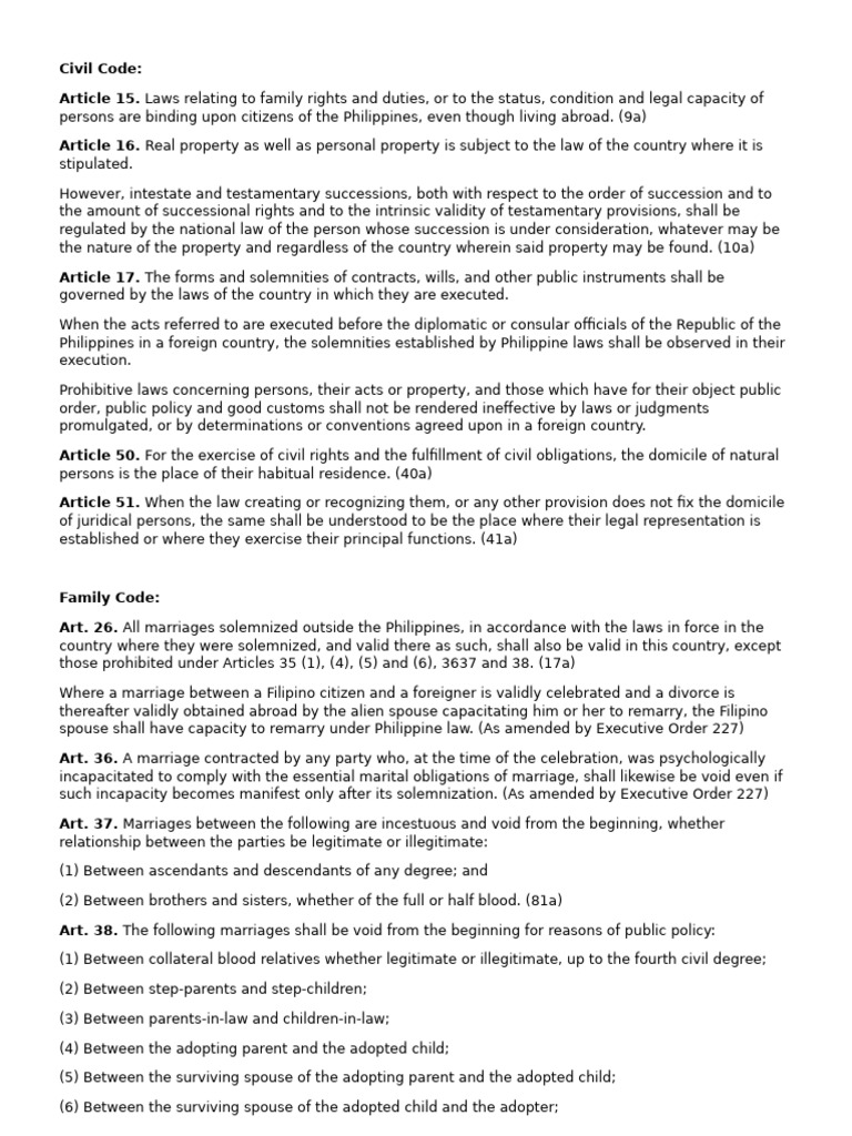 COL Civil Code and Family Code Applicable Codals | PDF | Marriage ...