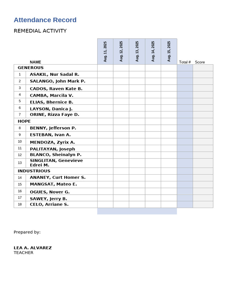 Remedial Attendance G9 | PDF