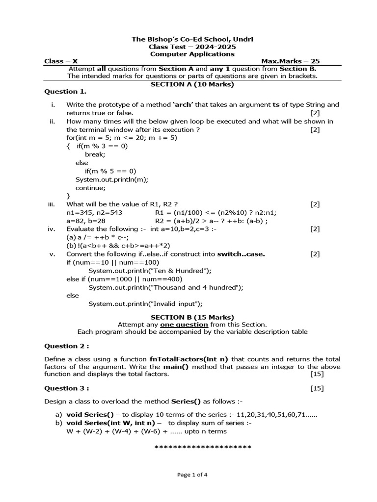 Class X Computer Applications Test 2024 PDF Function (Mathematics — free download