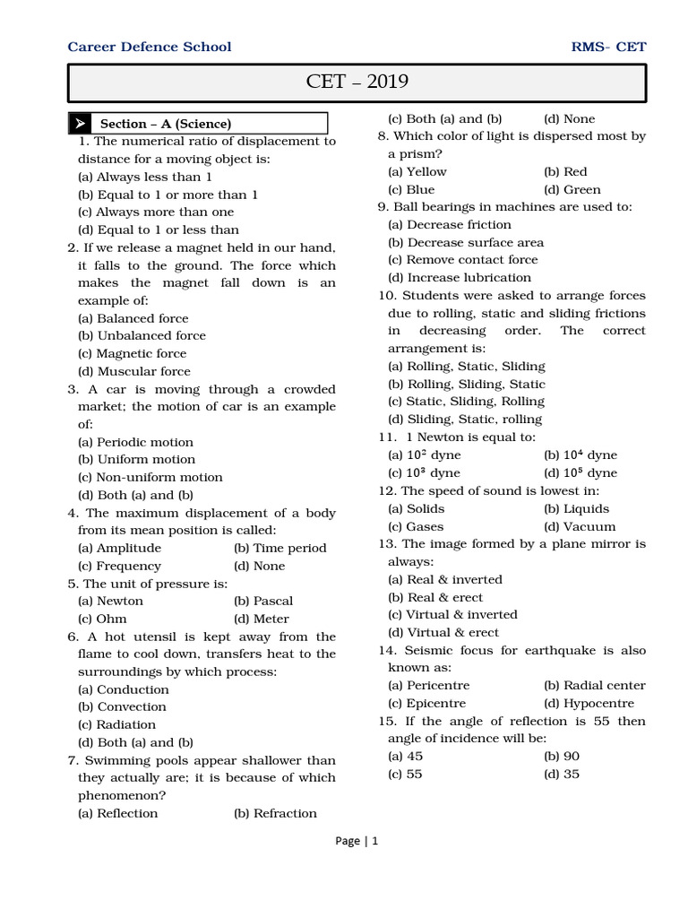 RMS CET Class 9 Sample Paper 2019 | PDF | Atoms | Force