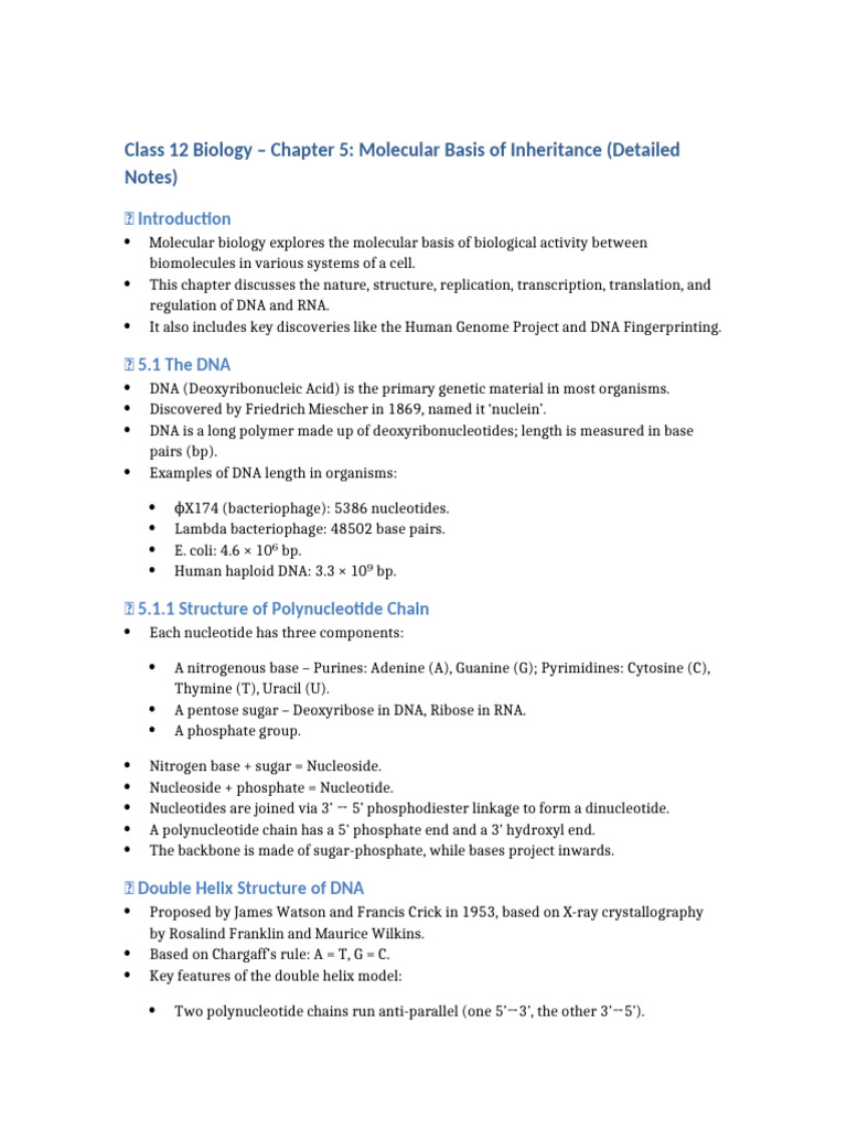Molecular Basis of Inheritance Notes | PDF