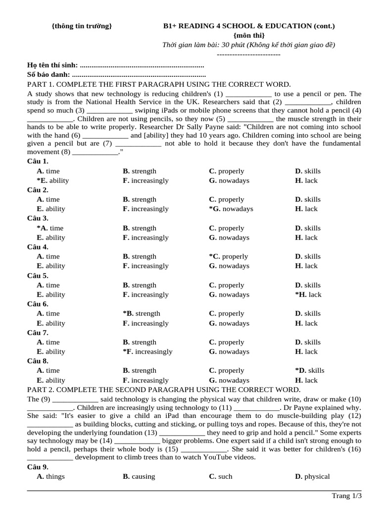 b1+ Reading 4 School & Education (Cont.) Key | PDF